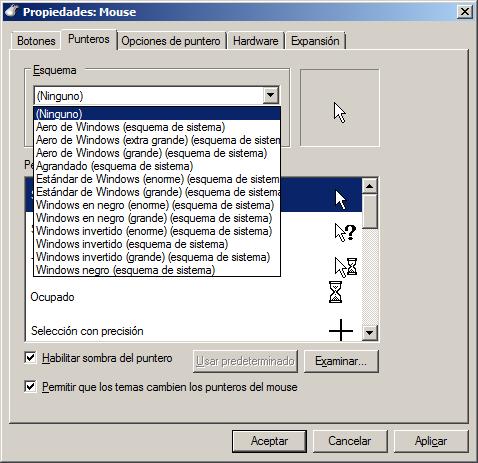 Imagen de la ventana de Punteros del ratón de Windows 7 con la Selección del conjuntos de punteros